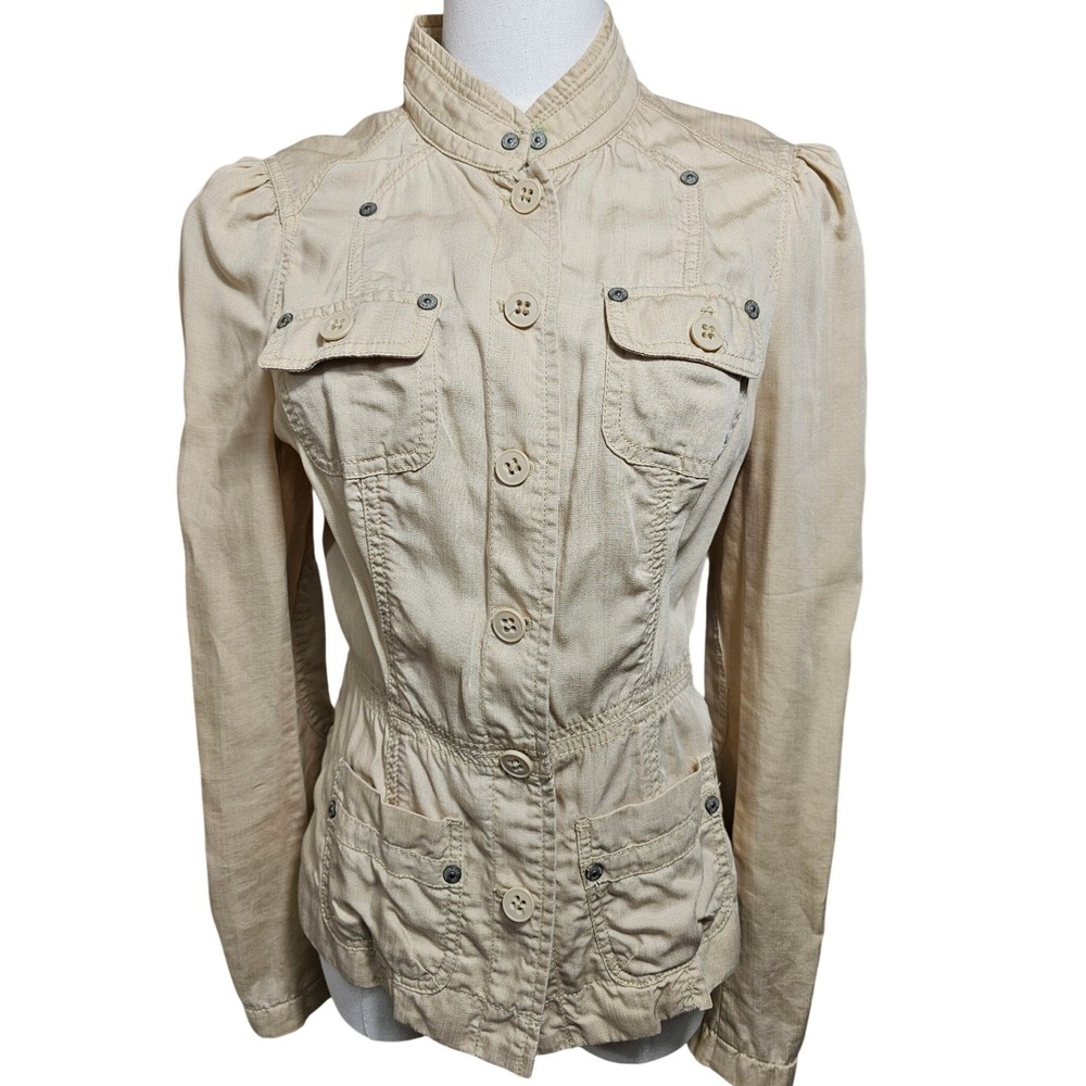 Guess Jeans Tan Tencel Utility Jacket Military Safari Puff Shoulder Size M